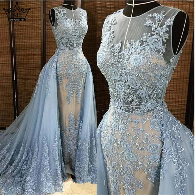 Evening dress with crystals-Mermaid Evening Dress Long Light Blue Sleeveless Tulle Formal HA2114