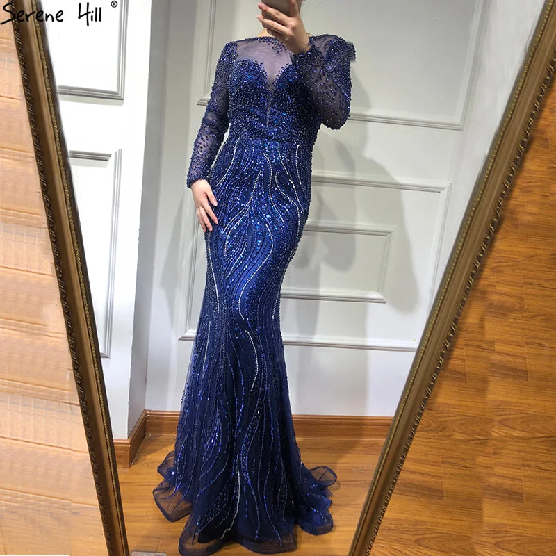 Evening dress with fishtail-Mermaid Formal Evening Dresses Long Sleeves Beading Evening Gowns LA6506