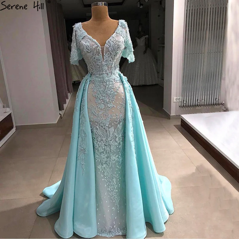 Evening dress with metallic thread-Mint V-Neck Vintage Evening Dresses Handmade Flowers With Train LA6605