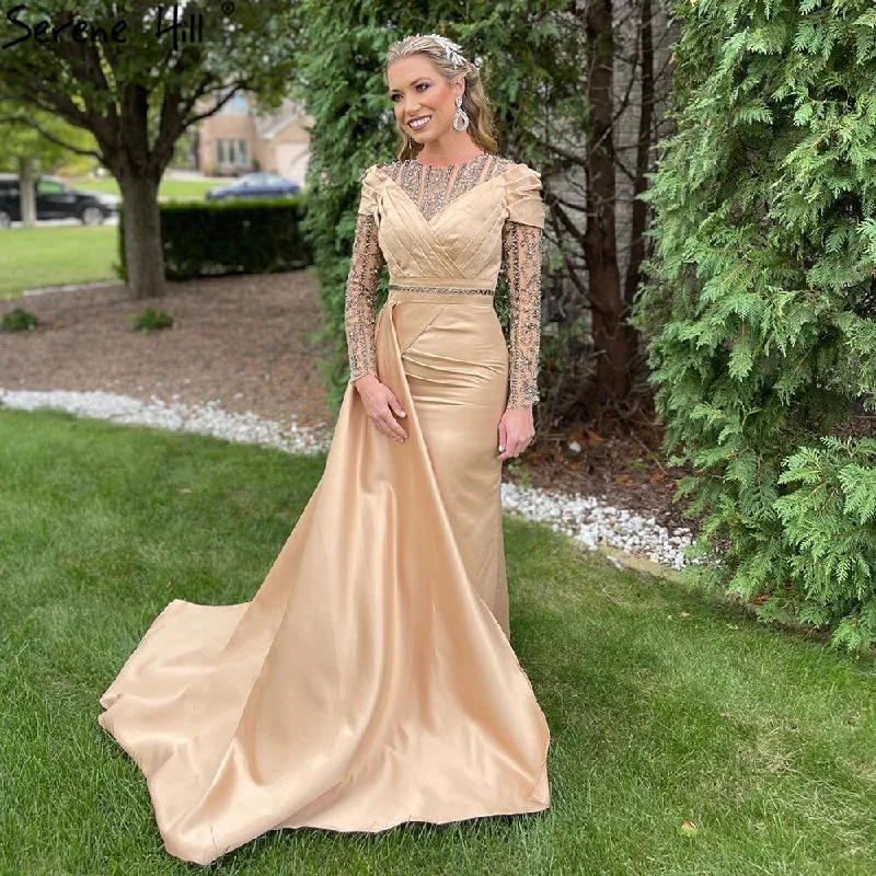 Evening dress with ruffles-Muslim Gold Mermaid Overskirt Evening Dresses Gowns 2024 Satin Beaded Elegant For Women Party LA71453 Serene Hill