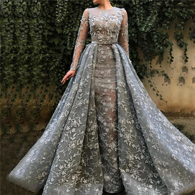 Evening dress with satin-Muslim Grey Long Sleeves Tulle Evening Dresses 2024 O-Neck Handmade Flowers Pearls Fashion Evening Gowns LA60898