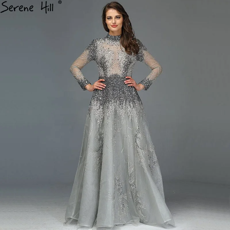 Evening dress with sequins-Muslim Grey Luxury Long Sleeves Evening Dresses 2024 Latest Design Crystal High Neck Formal Dress Serene Hill LA60975