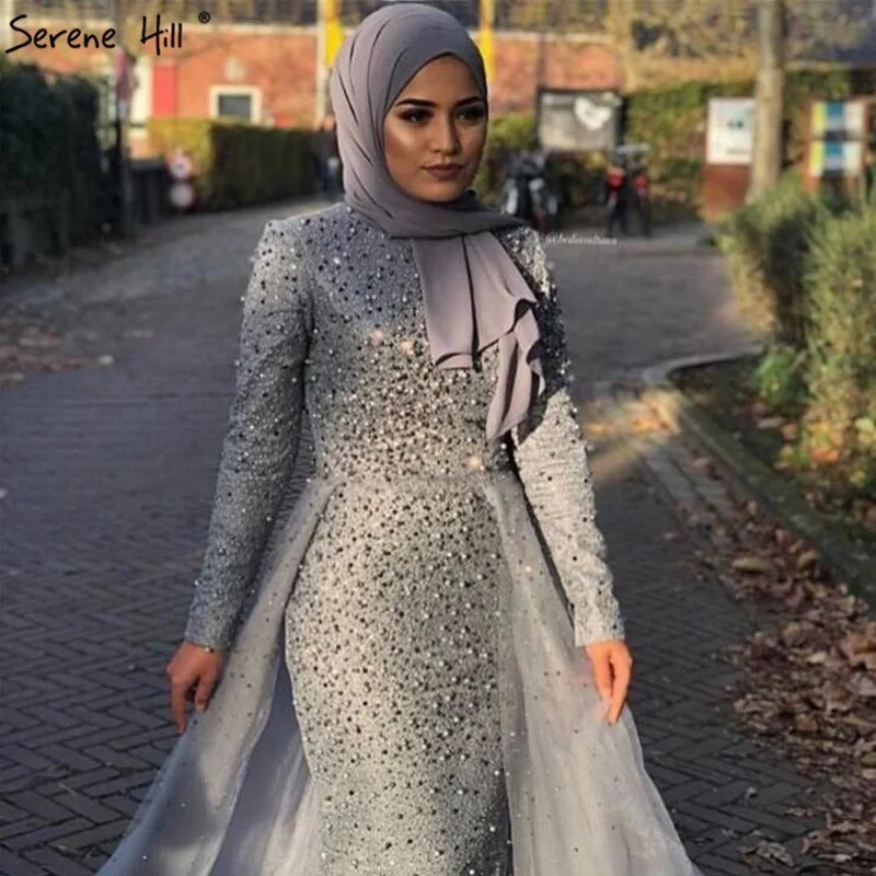 Evening dress with sleeves-Muslim Grey Mermaid Long Sleeves Evening Dresses Knitting Diamond Luxury Evening Gowns Design 2024 Serene Hill LA70212