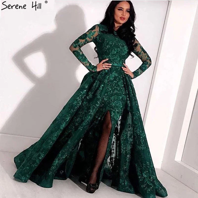 Evening dress with trumpet silhouette-Muslim Luxury Long Sleeve Green Evening Dresses 2024 Mermaid Sparkle High Neck Evening Gowns Design LA60755