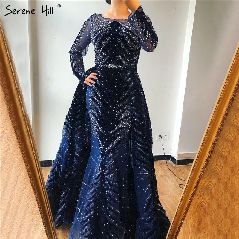 Evening dress with V-neck-Muslim Luxury Navy Blue Evening Dresses 2024 Long Sleeves  Mermaid Dress With Skirt Sexy Formal Dress Serene Hill LA60914