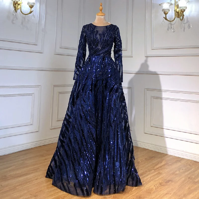 Formal evening dress-Muslim Navy Blue A-Line Luxury Evening Dresses Gowns 2024 Crystal Long Sleeves For Women Party Serene Hill LA71501