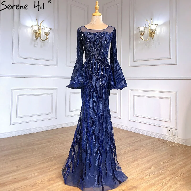 Green evening dress-Muslim Navy Blue Mermaid Elegant Evening Dresses Gowns 2024 Flare Sleeve Luxury For Women Party Serene Hill LA71417