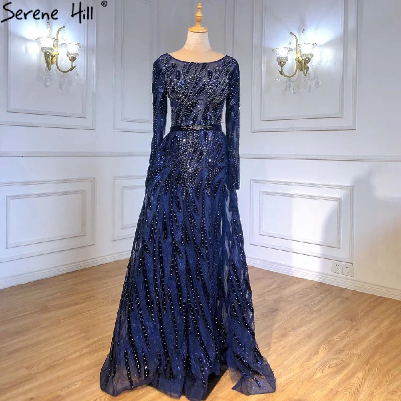 Long evening dress-Muslim Navy Blue Overskirt Evening Dresses Gowns 2024 Mermaid Elegant For Women Party Serene Hill LA71382