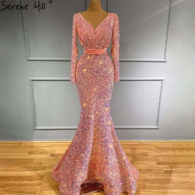 Metallic evening dress-Muslim Pink Mermaid Luxury Evening Dresses Gowns 2024 Elegang Sparkle  For Women Party Serene Hill LA71342