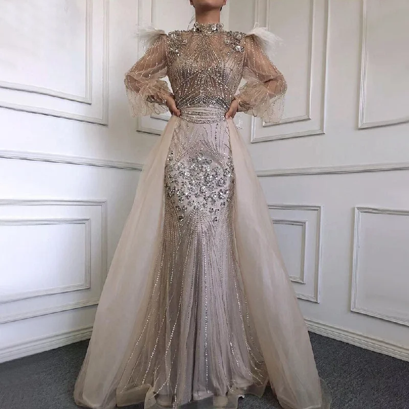 Pink evening dress-Muslim Silver Long Sleeve Feathers Beaded Evening Dresses Gowns Mermaid Luxury For Women Party 2024 Serene Hill LA71036A