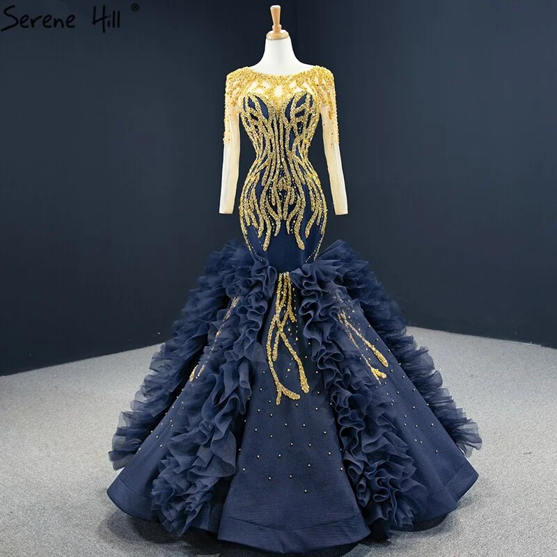 Champagne evening dress-Navy Blue Mermaid High-end Sexy Evening Dresses 2024 Long Sleeve Beading Lace Up Sexy Formal Dress Serene Hill HM67132