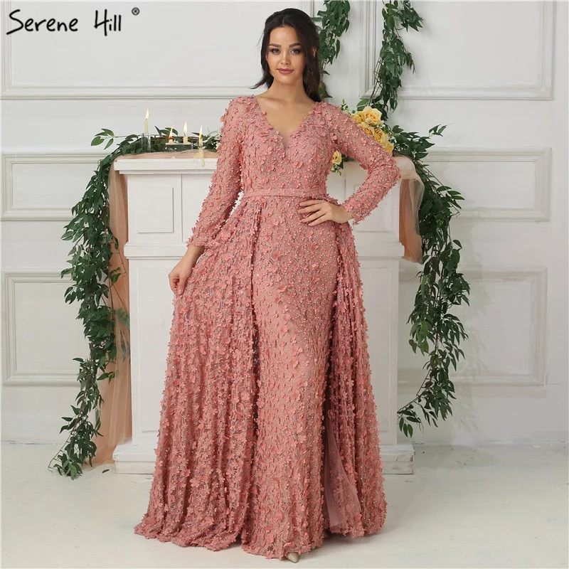 Evening dress for black tie-New Blush Pink Long Sleeves Evening Dresses 2024 A-Line Handmade Flowers Pearls Fashion Evening Gowns Real Photo LA6650