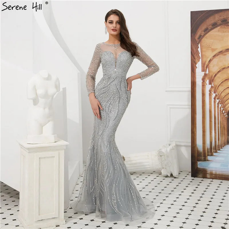 Evening dress with appliqu茅-New Long Sleeves Luxury Formal Evening Dresses Mermaid Beading Sequined Fashion Evening Gowns 2024 Serene Hill LA6506