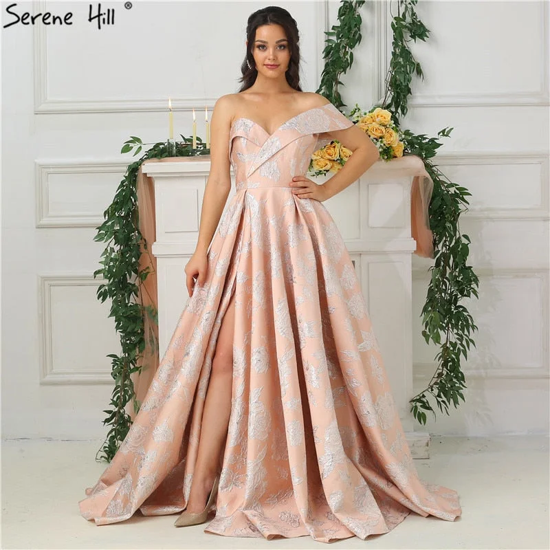 Evening dress with beaded details-New Off Shoulder Sexy Pink Evening Dresses 2024  3D Flower  Fashion Formal Evening Gowns Long Real Photo LA6288