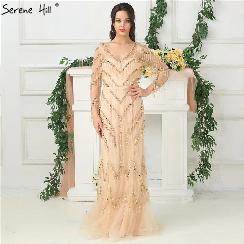 Burgundy evening dress-Newest Designer Gold V-Neck Evening Dresses 2024 Mermaid Long Sleeves Tassel Beading Fashion Evening Gowns LA6631