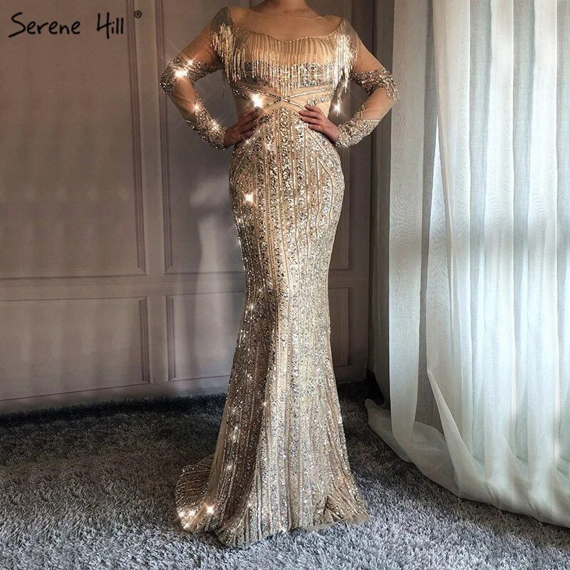 Evening dress with corset bodice-Newest Long Sleeves Luxury Slim Sexy Evening Dresses 2024 Mermaid Tassel Beading High-end Fashion Evening Gowns LA6467