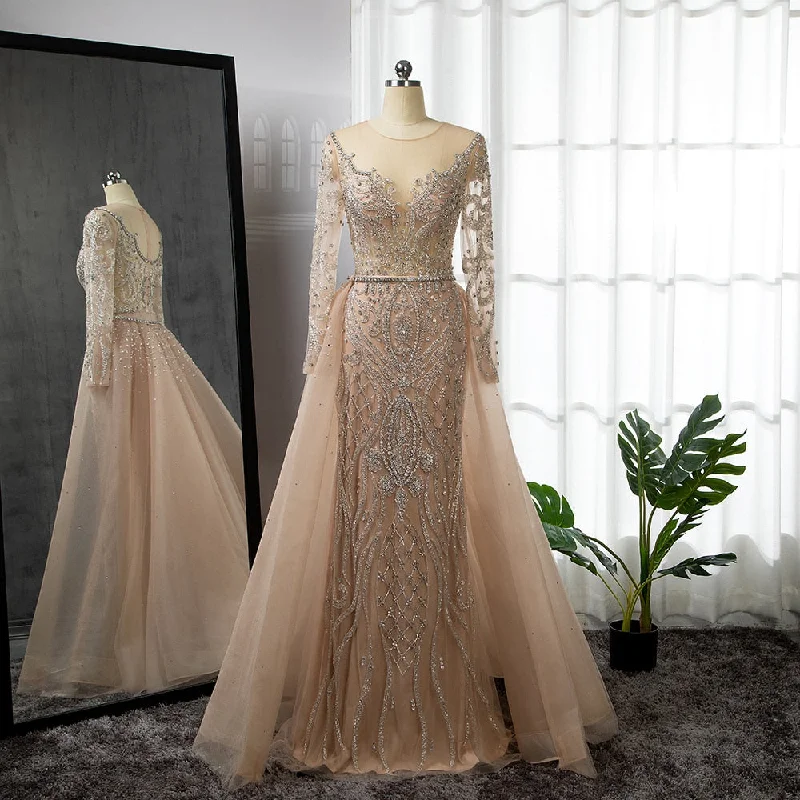 Evening dress with embellishments-Nude Luxury Muslim Mermaid Evening Dresses Gowns 2024 Beaded Overskirt Elegant For Women Party Serene Hill LA71597