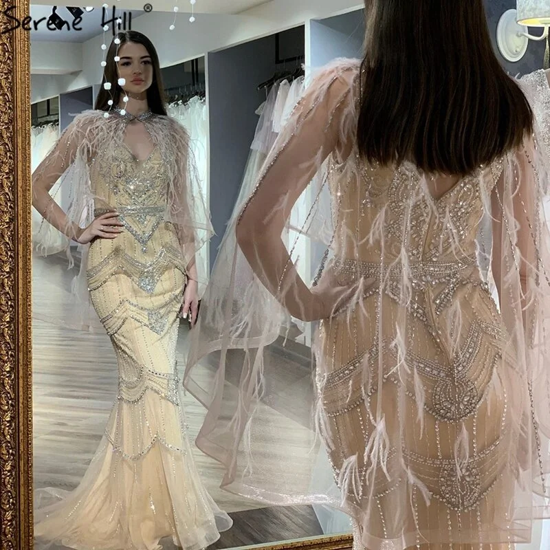 Evening dress with empire waist-Nude Silver Mermaid V-Neck Sexy Evening Dresses 2024 Sleeveless Feathers Shawl Yarn Diamond Formal Dress Serene Hill LA70171B