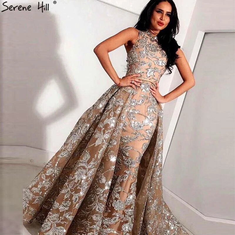 Evening dress with flared skirt-Nude Silver Sequined Sparkle Vintage Evening Dresses Halter Luxury Sexy Sleeveless Evening Gowns 2024 Serene Hill LA60877