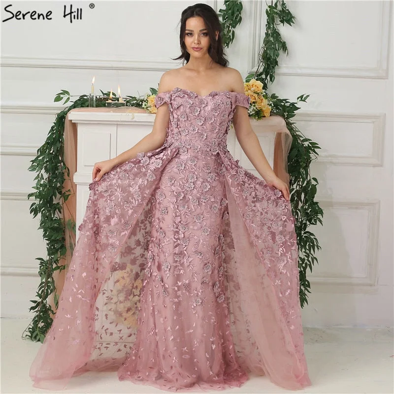 Silver evening dress-Off Shoulder Handmade Flowers Evening Dresses Sleeveless Crystal Luxury LA6596