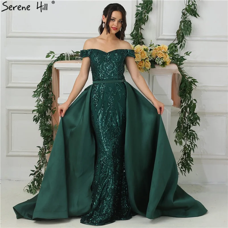 Two-piece evening dress-Off Shoulder Luxury Sparkle Evening Dresses Boat With Train LA6659