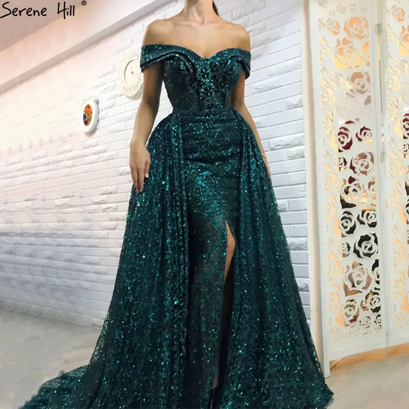 Vintage evening dress-Off Shoulder Removable Train Sexy Evening Dresses Dark Green Glitter Long Mermaid LA6362