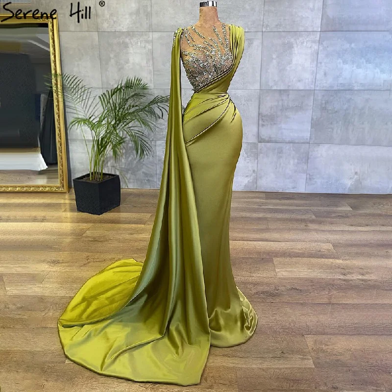 Elegant evening dress-Olive Green Mermaid Satin Evening Dresses Gowns 2024 Elegant Beaded Cape Sleeve For Women Party LA71283 Serene Hill