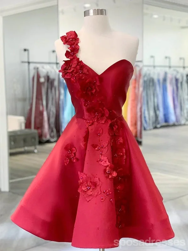 Green evening dress-Red A-line Floral One Shoulder Short Homecoming Dresses,Short Prom Dresses,CM959