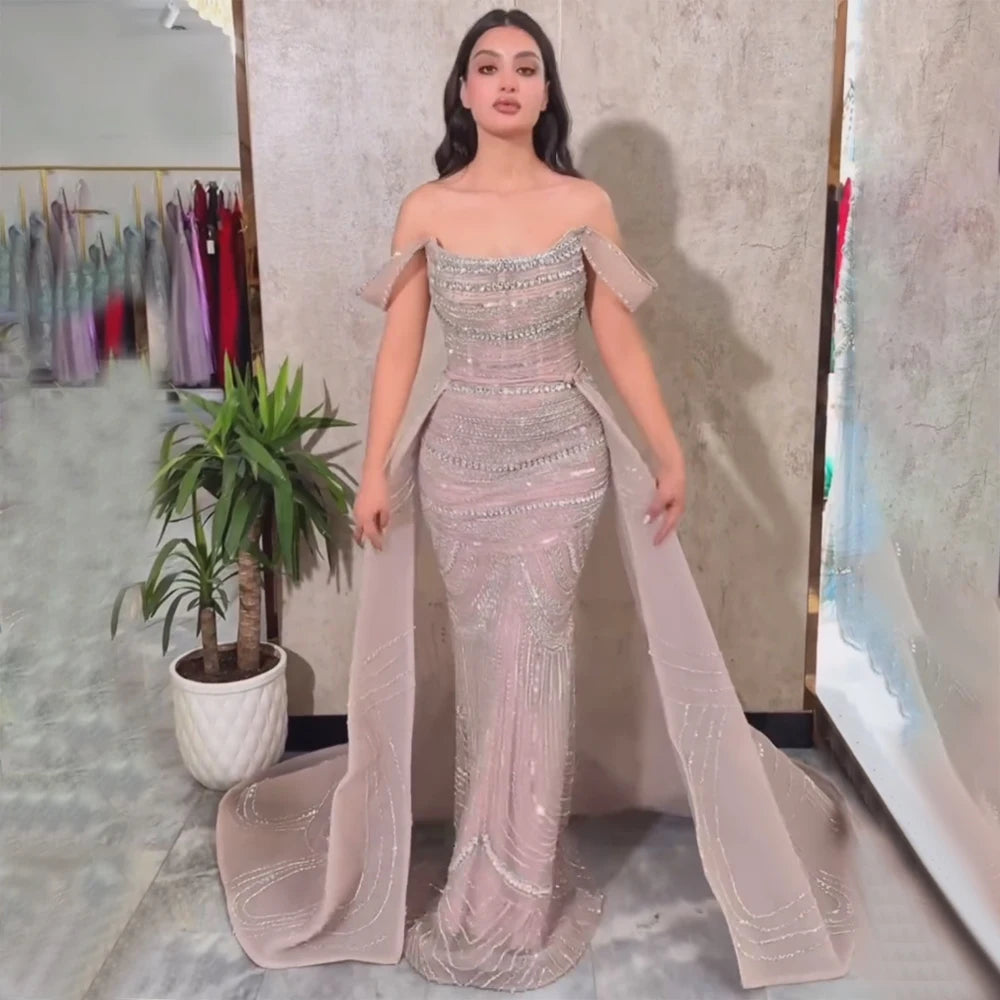 Evening dress with double straps-Serene Hill 2024 Arabic Pink Mermaid Beaded Evening Gown with Detachable Satin Overskirt for Formal Occasion LA72781