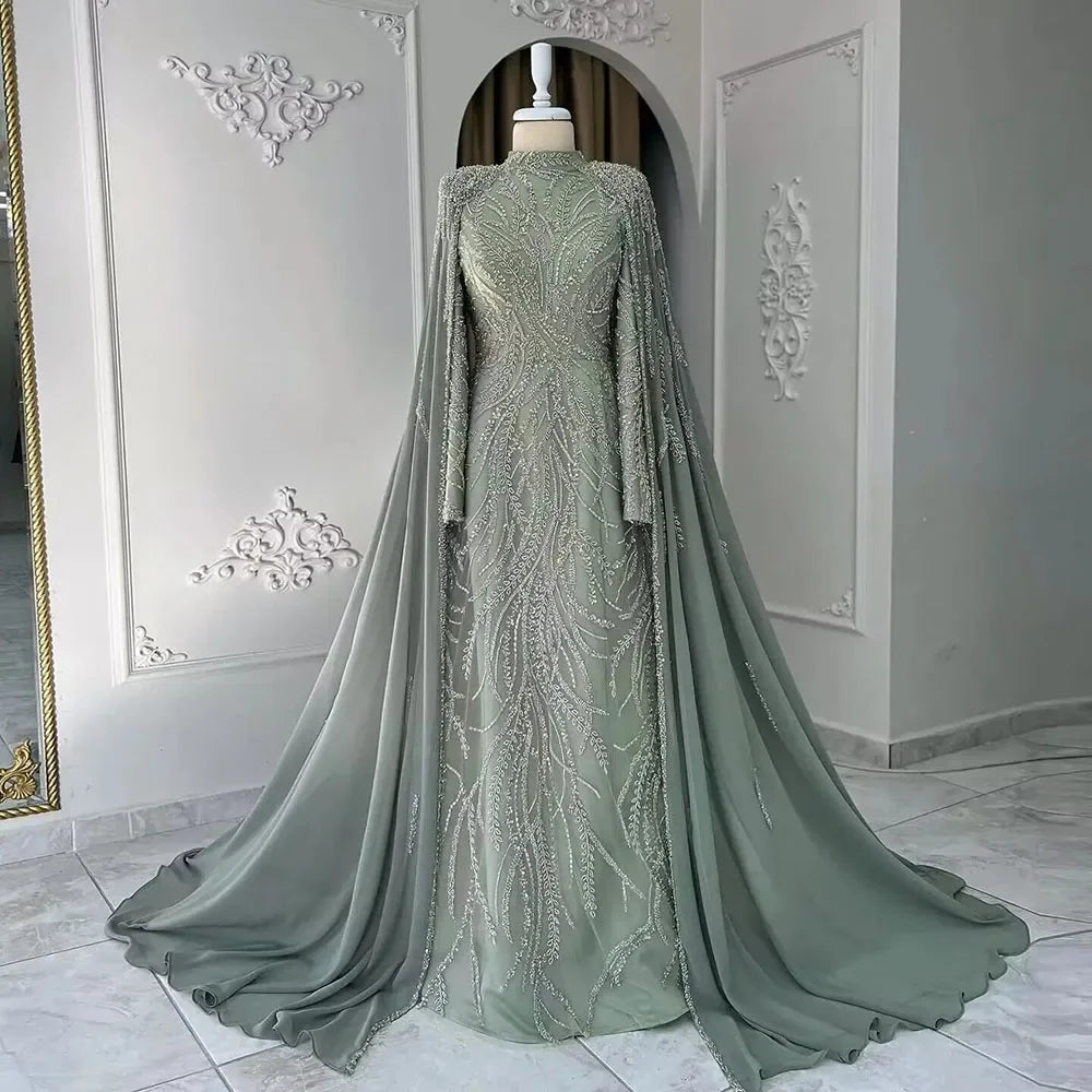 Evening dress with crystals-Serene Hill 2024 muslim Sage Green Mermaid Cape Sleeves Beaded Satin Luxury Evening Dresses Gowns for Women Party LA72413