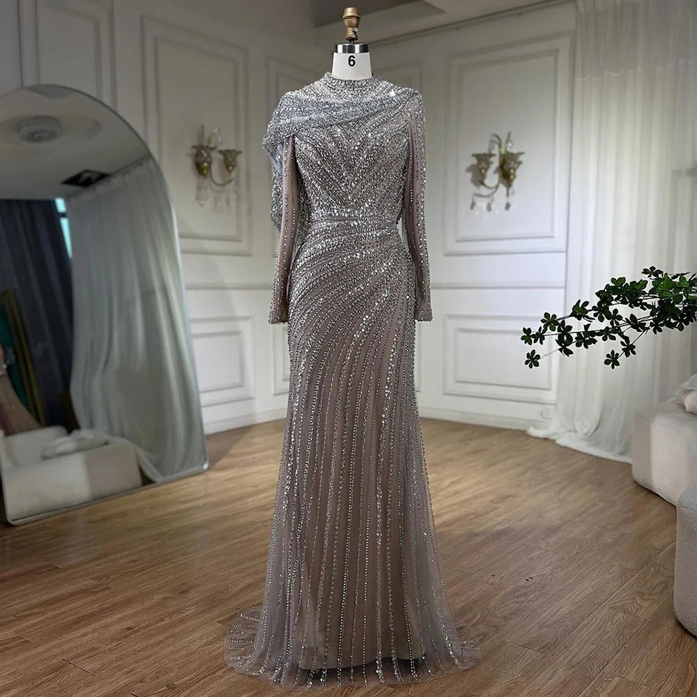 Evening dress with peplum-SERENE HILL 2024 Muslim Silver Nude Beaded Sparkle Elegant Luxury Mermaid Evening Dresses Gowns for Women Party LA70752H