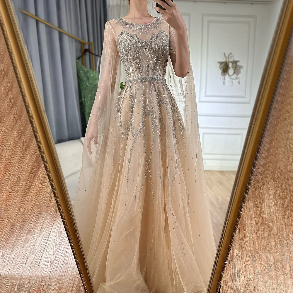 Evening dress with crystals-Serene Hill 2024 Nude Blue Elegant A-Line Beaded Long Arabic Evening Dresses Gowns with Cape Sleeves for Formal Occasion LA72785