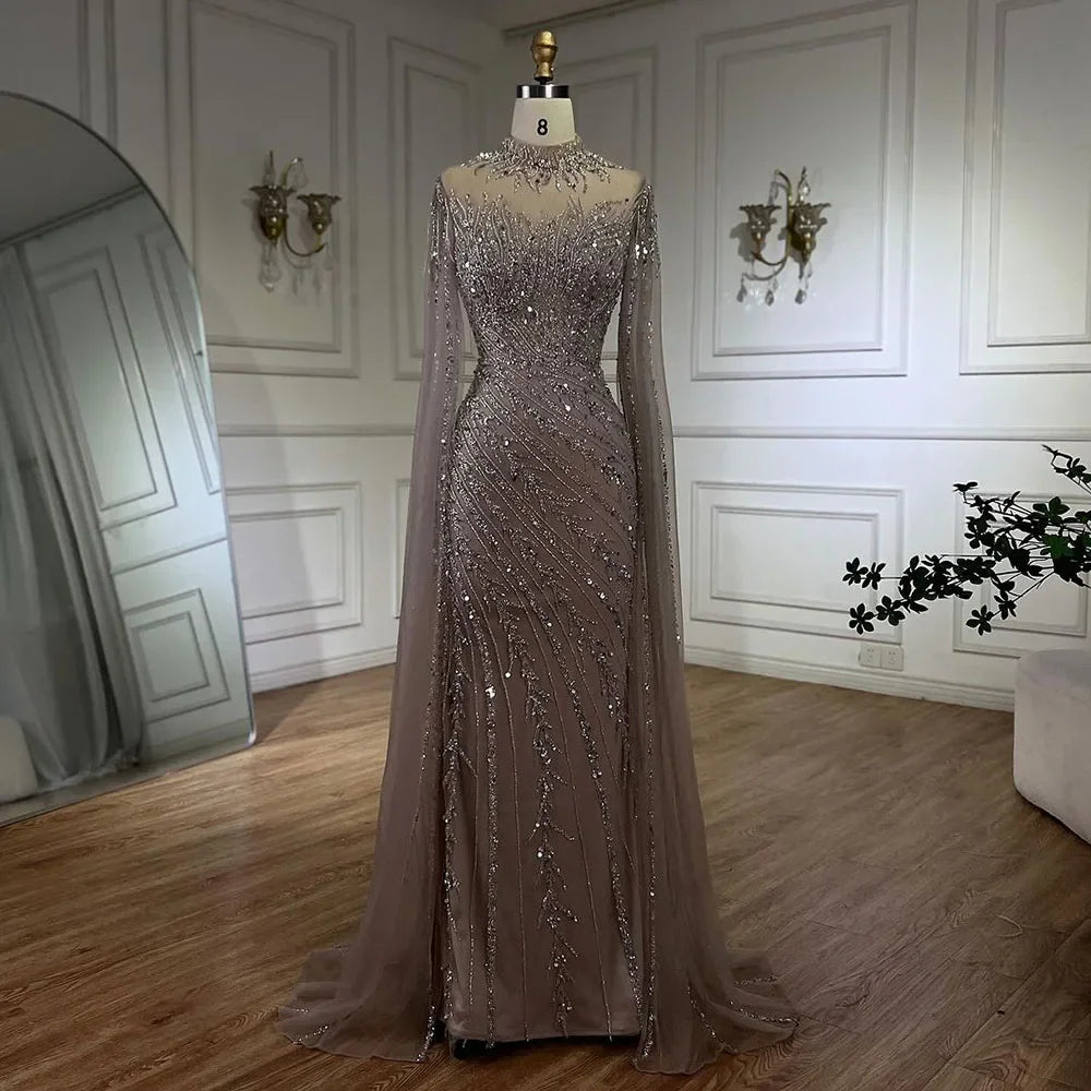 Evening dress with tiered layers-Serene Hill 2024 Nude Cape Sleeves Mermaid Lace Beaded Luxury Dubai Long Evening Dresses Gowns for Women Wedding Party LA71885A