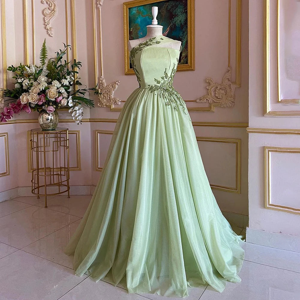 Evening dress with cap sleeves-Serene Hill 2024 Sage Green Elegant One-Shoulder A-Line Appliques Long Arabic Evening Gown for Formal Occasion LA72783