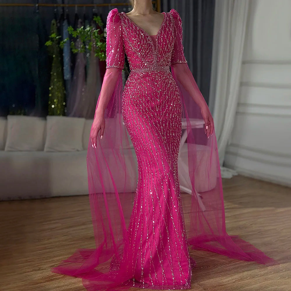 Burgundy evening dress-Serene Hill 2024 Saudi Arabia Elegant Fuchsia Mermaid Cape Sleeve Luxury Beaded Evening Gown for Formal Occasion LA72774