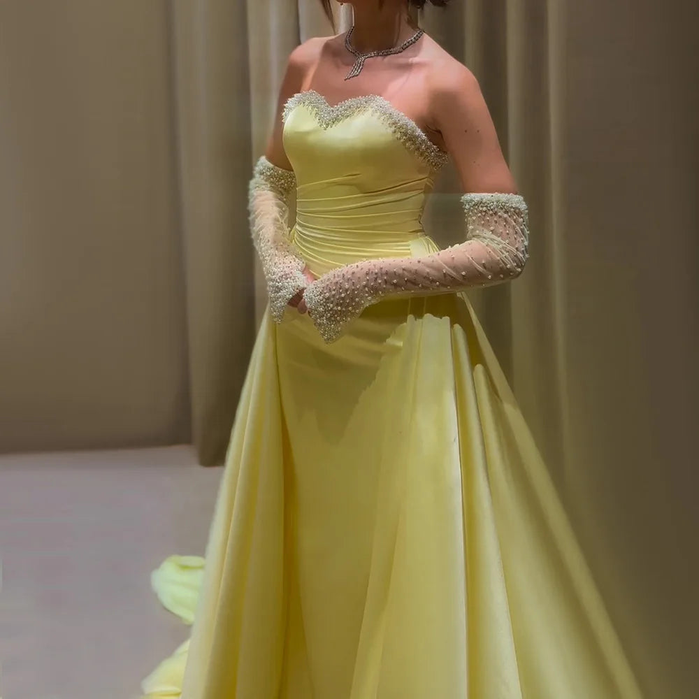 Evening dress with fitted bodice-Serene Hill 2024 Saudi Arabia Yellow Mermaid Elegant Detachable Sleeves Luxury Beaded Evening Gown for Formal Occasion LA72777