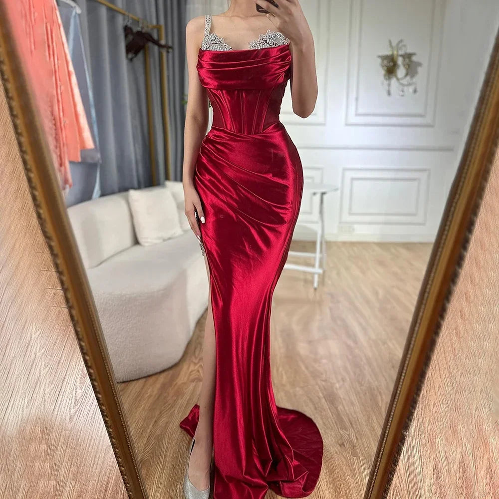 Red evening dress-Serene Hill 2024 Saudi Arabic Spaghetti Strap Wine Red Satin Evening Dress with High Slit for Formal Occasion LA72776