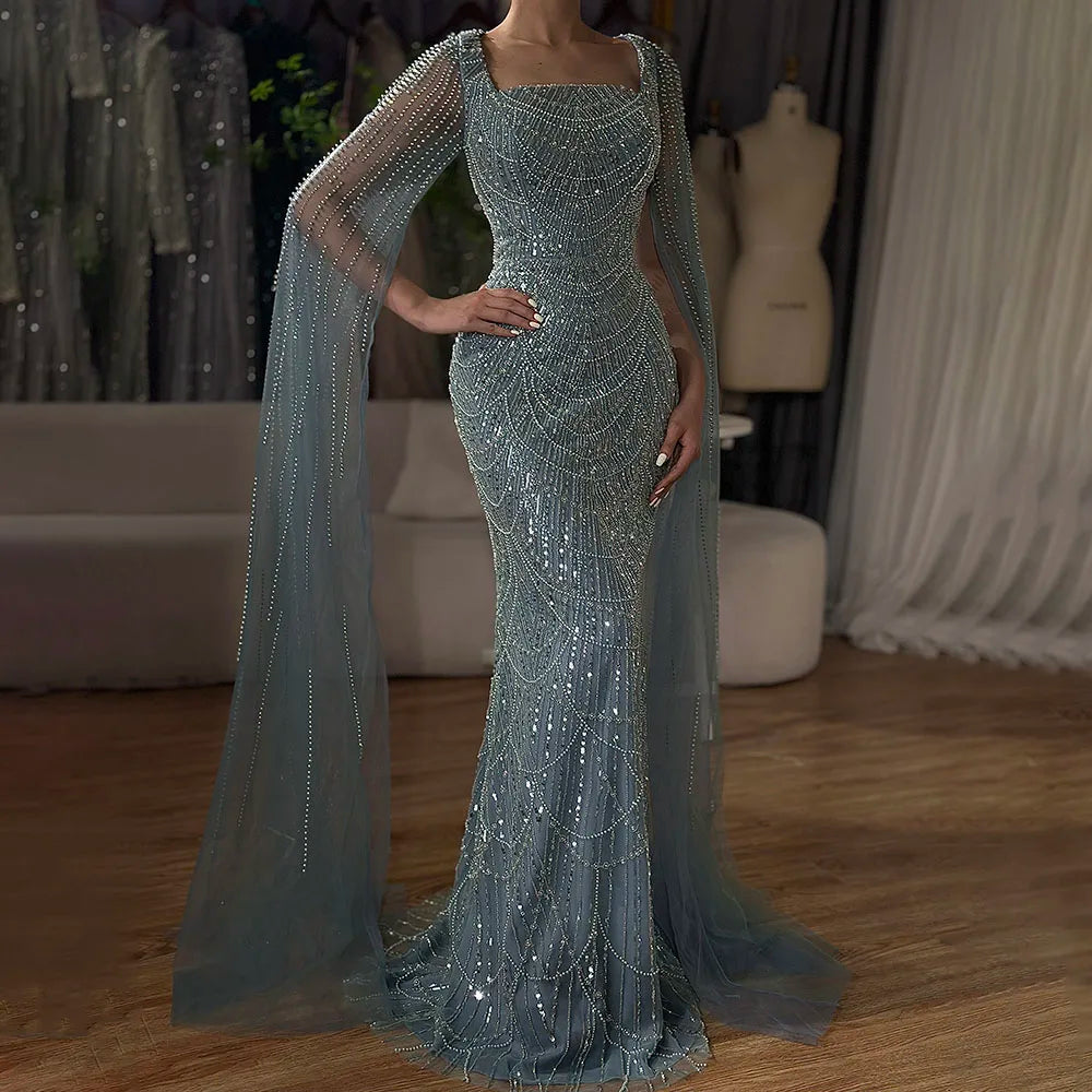 Evening dress with fishtail-Serene Hill 2024 Saudi Arabic Turquoise Mermaid Evening Dress With Pearls Beaded Cape Sleeves For Formal Occasion LA72590A