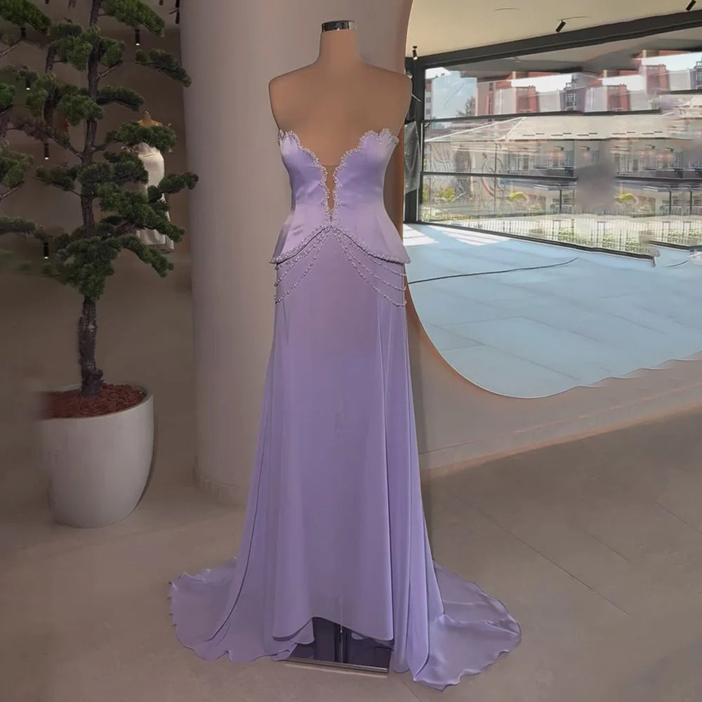 Evening dress with strapless design-Serene Hill 2025 Customized Arabic Lilac Beaded Strapless Mermaid Satin Evening Dresses Gowns for Formal Occasion LA72808