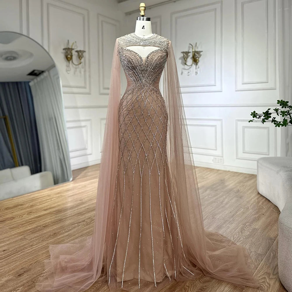 Evening dress with embroidery-Serene Hill 2025 Customized Arabic Nude Cape Sleeves Beaded Saudi Evening Dresses Gowns for Formal Occasion LA72814