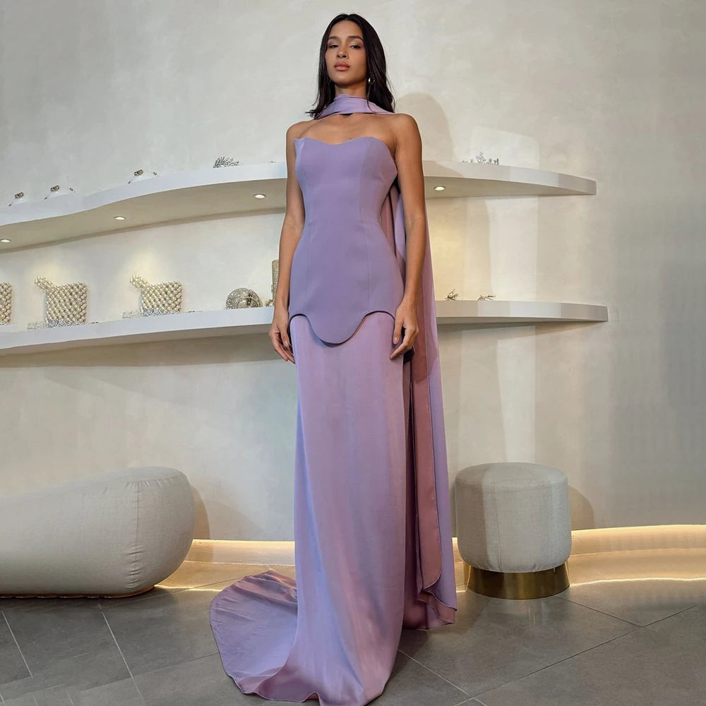 Evening dress with sweetheart neckline-Serene Hill 2025 Customized Arabic Purple Mermaid Satin Evening Dresses Gowns with Long Cape for Formal Occasion LA72813