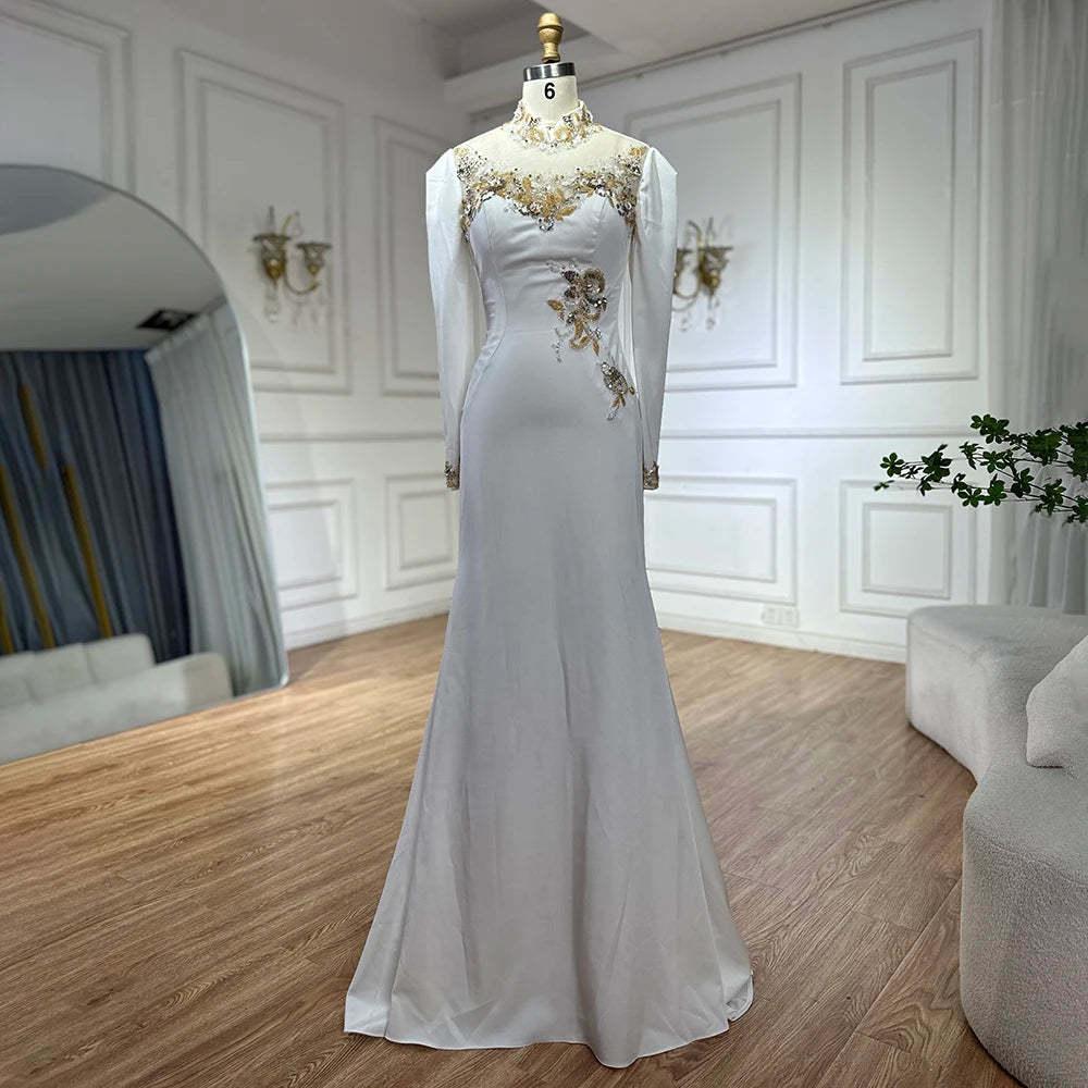 Evening dress for parties-Serene Hill 2025 Customized Arabic White Beaded Satin Saudi Mermaid Evening Dresses Gowns for Formal Occasion LA72815