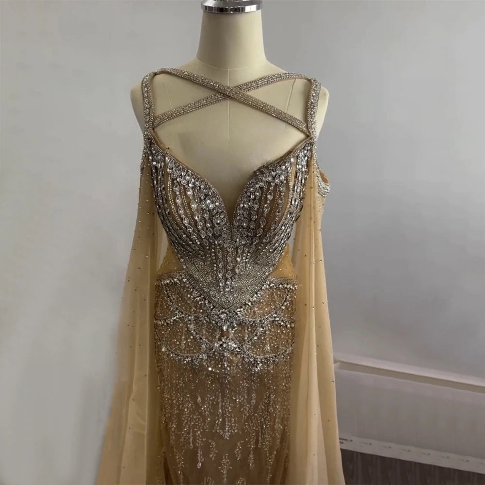 Evening dress with mermaid style-Serene Hill 2025 Customized  Nude Cape Sleeves Beaded Crystal Arabic Evening Dresses Gowns For Women Wedding Party LA72806