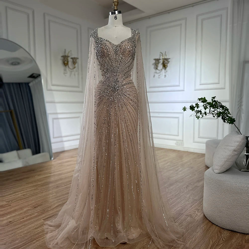 Evening dress with lace-up back-Serene Hill 2025 Customized Nude Cape Sleeves Beaded Saudi Arabic Evening Dresses Gowns for Formal Occasion LA72575A