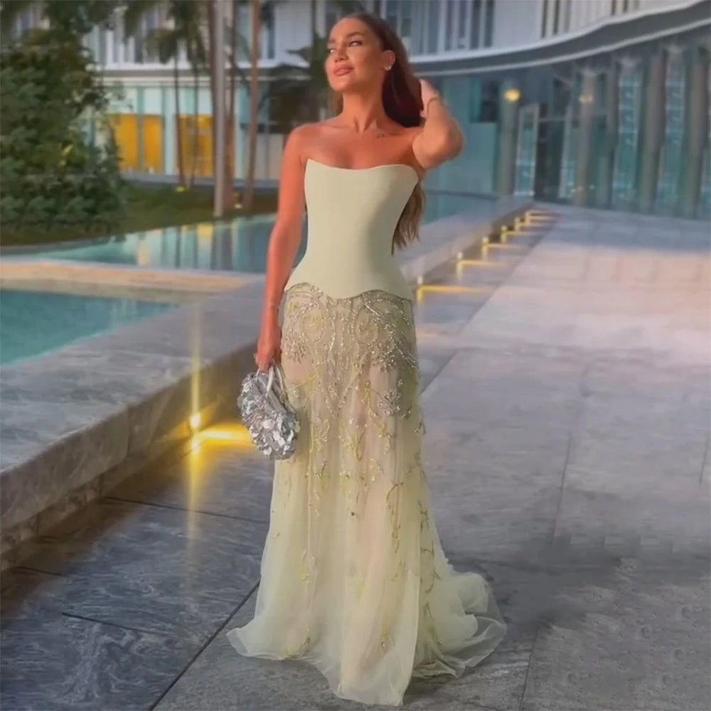 Evening dress with A-line-Serene Hill 2025 Customized Saudi Arabic Sage Green Elegant Strapless A Line Evening Dresses Gowns Beaded for Occasion LA72809