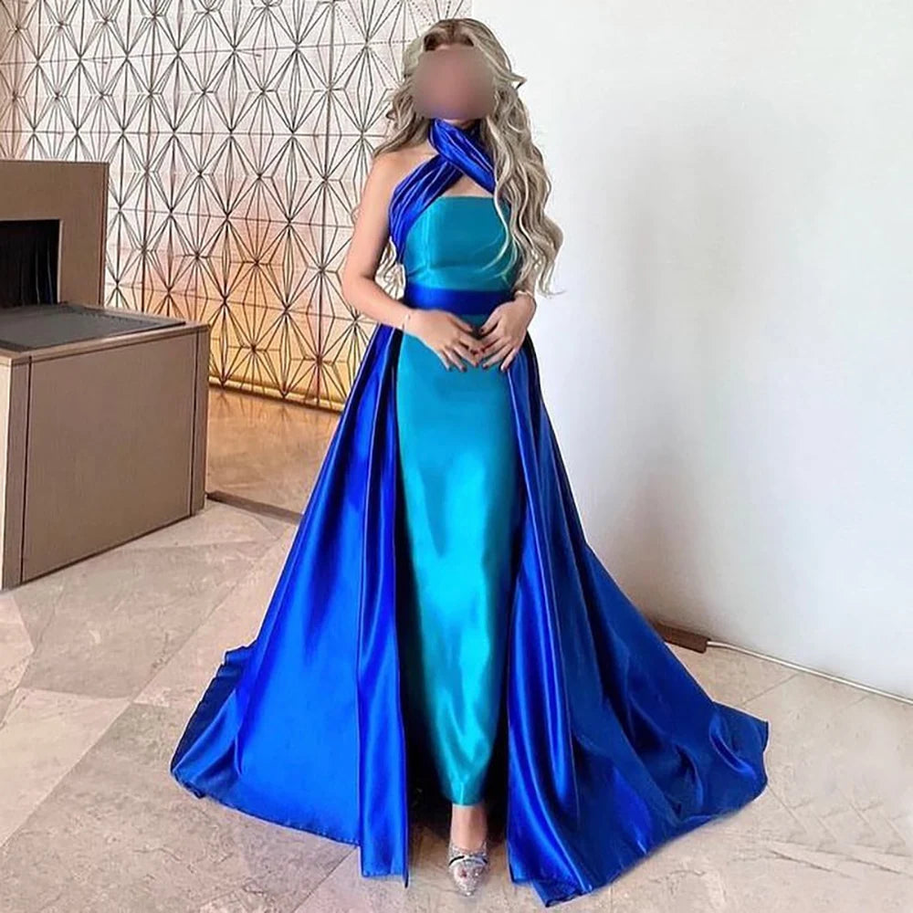 Evening dress with off-shoulder-Serene Hill Arabic Blue Contrast Evening Dress with Overskirt Criss Cross Halter Women Wedding Party Dress 2024 LA72197