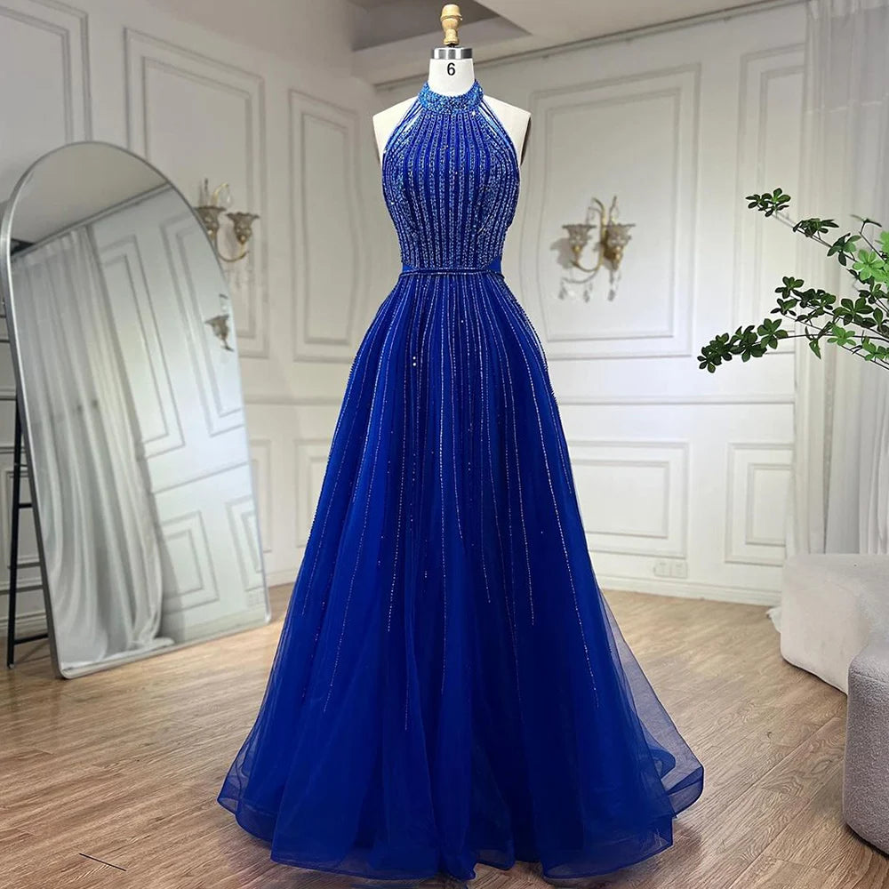 Evening dress with pleated skirt-Serene Hill Arabic Blue Elegant A Line Luxury Evening Dresses Dubai Sequins Beaded Tassel Formal Halter Dress 2024 LA72227