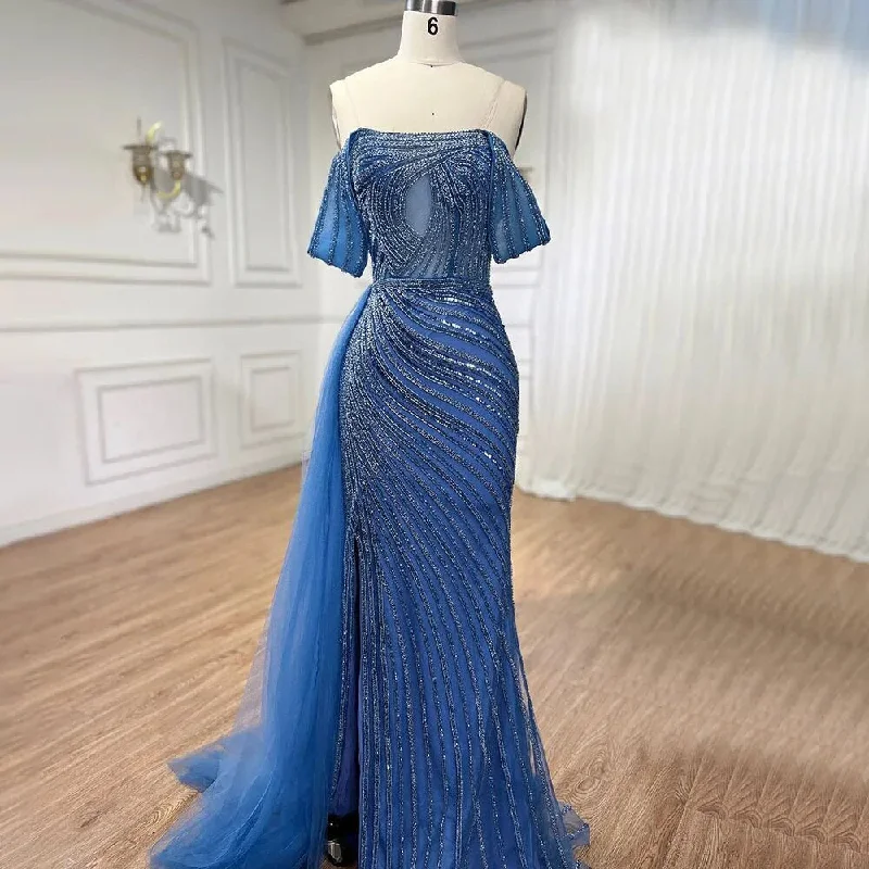 Evening dress with sequins-Serene Hill Arabic Blue Elegant Mermaid Sexy High Split Beaded Luxury Evening Dresses Gowns 2024 For Women Wedding Party LA71934