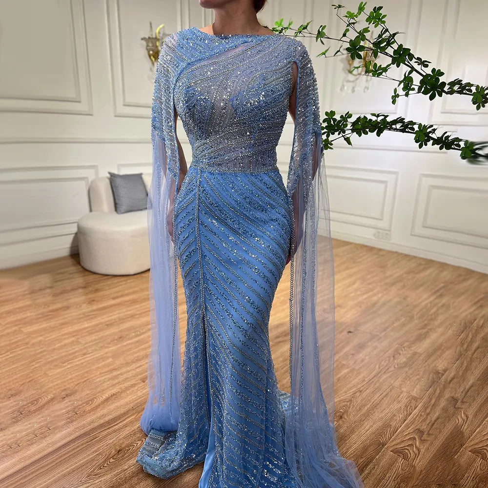 Evening dress with taffeta-Serene Hill Arabic Blue Mermaid Elegant Cape Sleeves Split Beaded Evening Dresses Gowns For Women Wedding Party 2024 LA72084