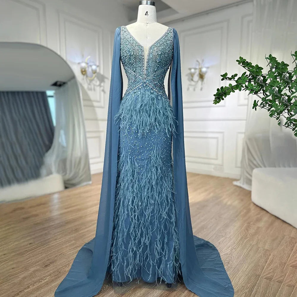 Gold evening dress-Serene Hill Arabic Blue Mermaid Elegant With Cape Luxury Beaded Feather Dubai Evening Dresses Gowns for Women Party LA71583B